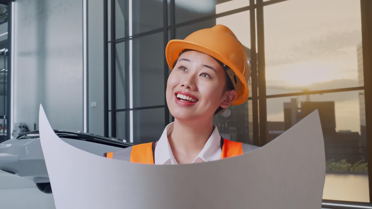 웃는 엔지니어가 현대 사무실에서 계획을 보고 있습니다.