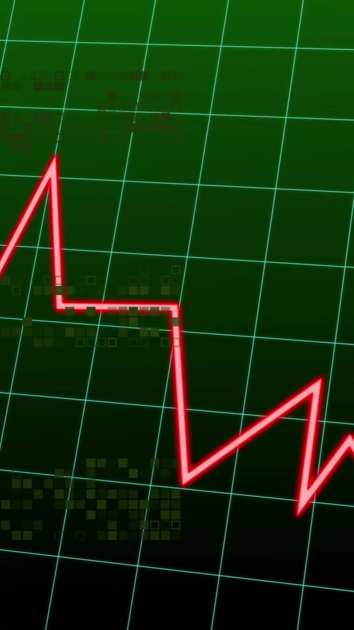 Vertical video: Red arrow appearing neon line rising peaking dropping V zigzag right showing trend