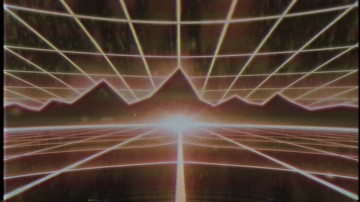 Retro 80'erne, VHS-bånd, videospil intro, landskab, vektor, arkade, wireframe, bjerge