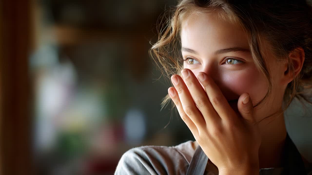 A young woman expresses a moment of surprise and contemplation, with her hand covering her mouth, capturing an intimate emotional connection with the viewer in a softly lit environment
