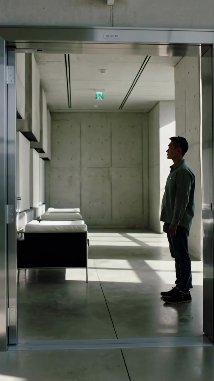 Video verticale: Telecamera che panoramica, un uomo in camicia verde osserva un portale metallico e una galleria con panchine.