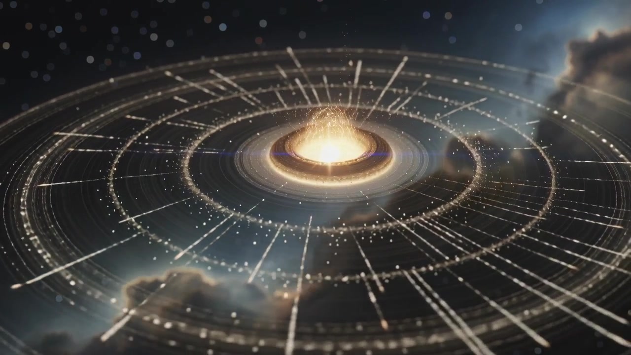 Pulsing central core driving rings rotating and sending particle streams in cosmic space