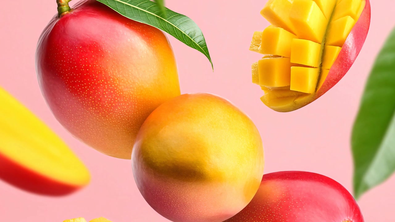 Manghi freschi e maturi fluttuanti con foglie verdi su sfondo rosa