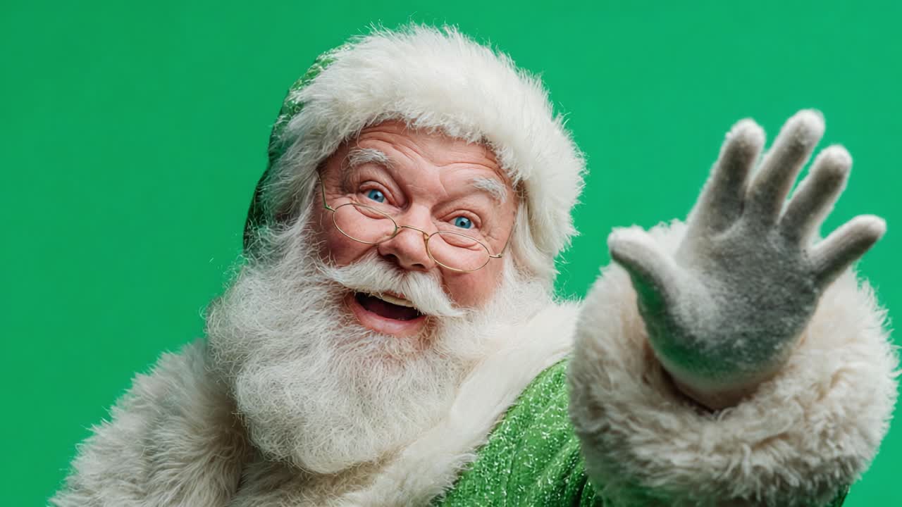 Allegro Babbo Natale che saluta con un caldo sorriso e un festoso costume verde su uno sfondo verde brillante, diffondendo gioia e spirito natalizio per le feste