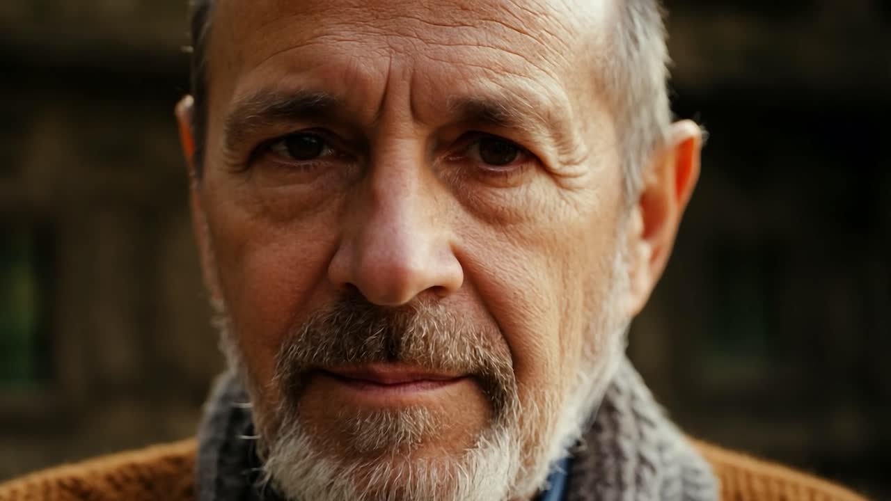 Ritratto ravvicinato di un uomo anziano con la barba, che guarda la macchina fotografica