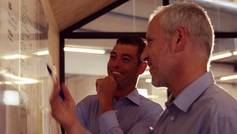 Smiling-businessmen-writing-notes-on-the-board