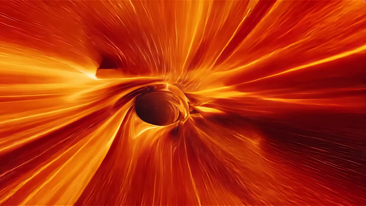 Contracting orange shapes swirling toward dark vortex in tunnel emitting glowing streaks