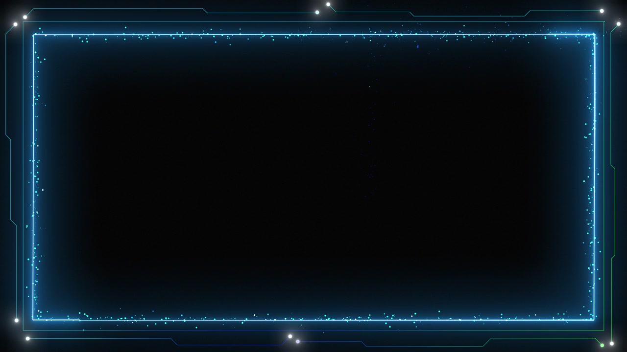 Blue futuristic tech screen frame with cyan glowing border dark center space circuit style corners