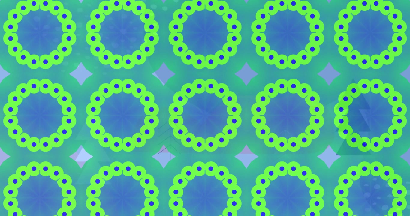 Animation of green abstract shapes in seamless pattern over christmas tree icons on blue background