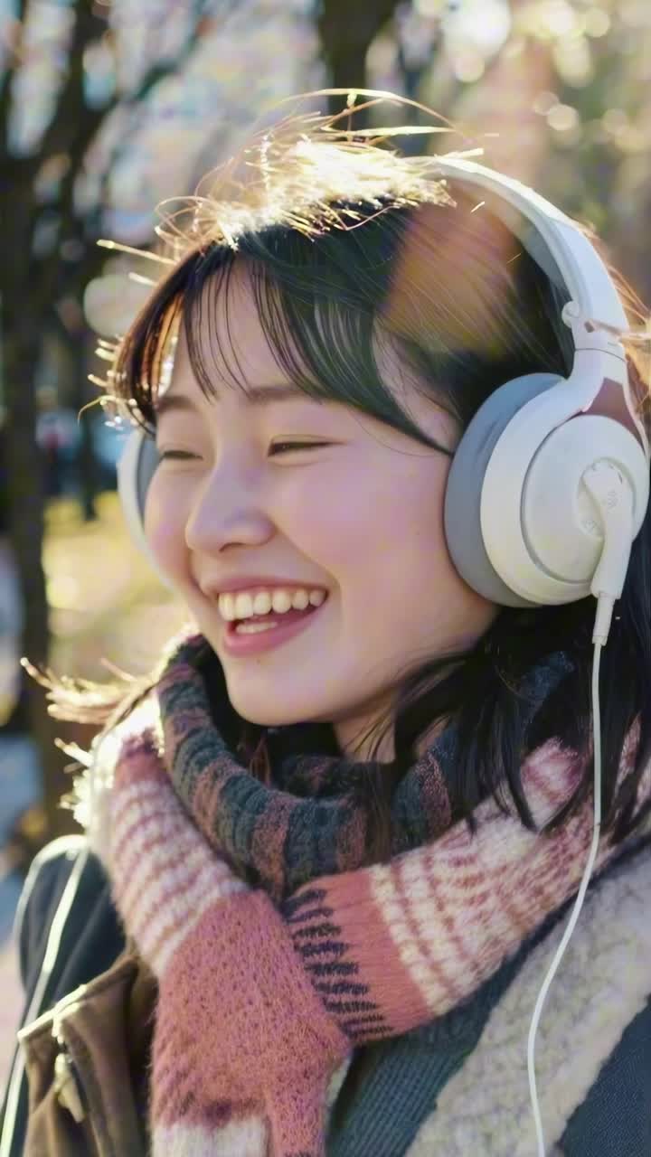 Close-up of a smiling woman with headphones, eyes closed, enjoying music