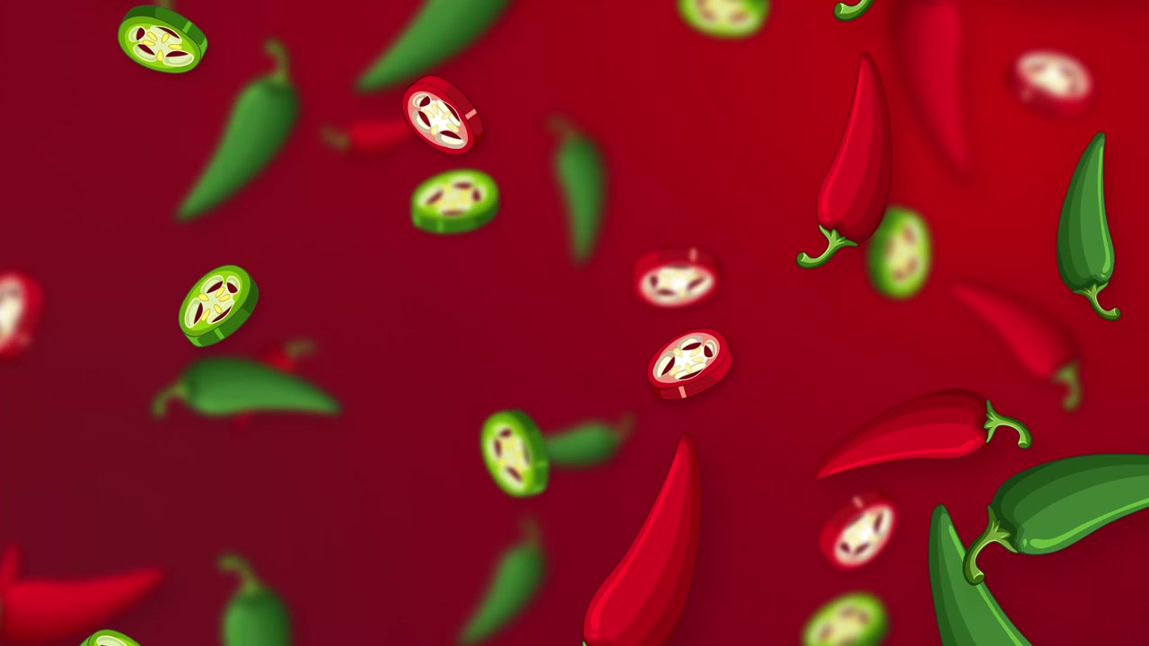 Stylized red and green chili peppers with slices fall through a vibrant red gradient background.