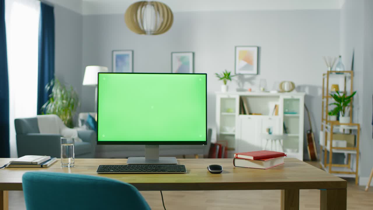 moderno personal computer con mock-up green screen display in piedi sulla scrivania dell'accogliente ufficio di casa. soggiorno di elegante interior designer.