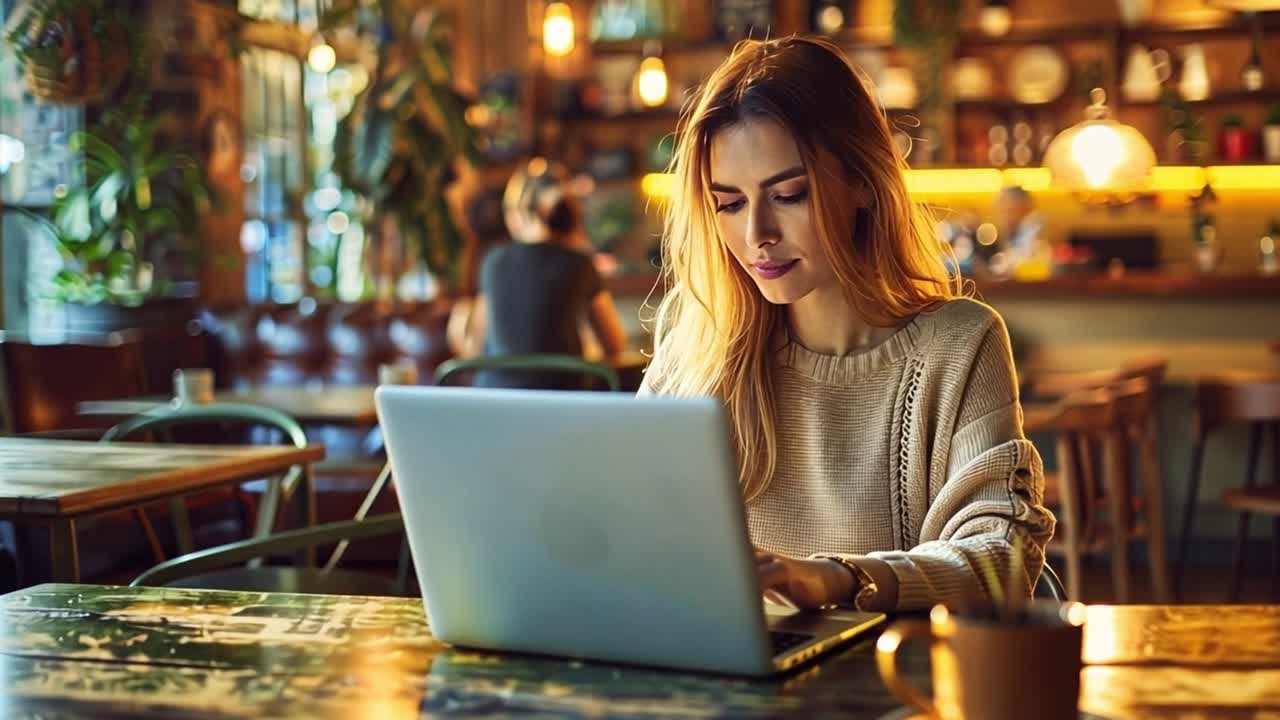 Young Woman Working on Laptop in a Cozy Cafe