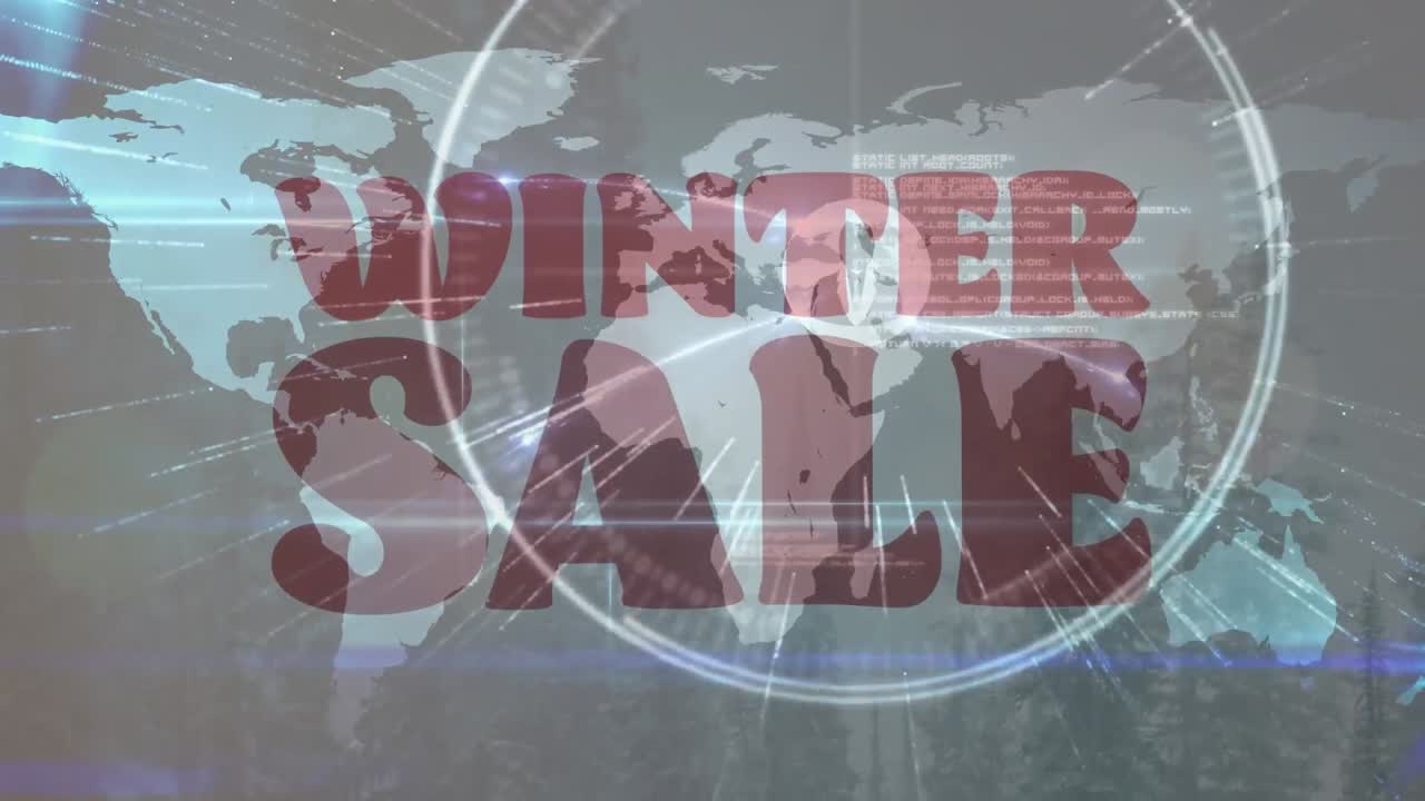 텍스트 겨울 판매의 애니메이션, 연결 네트워크와 함께 세계 지도를 통해