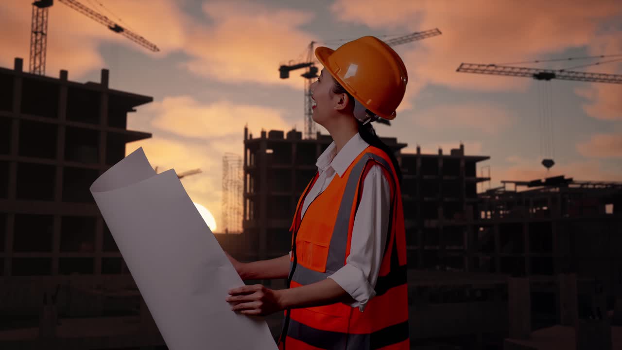 Side View Of Asian Female Engineer With Safety Helmet Looking At Blueprint In Her Hands And Looking Around While Standing At Construction Site in Progress to New House