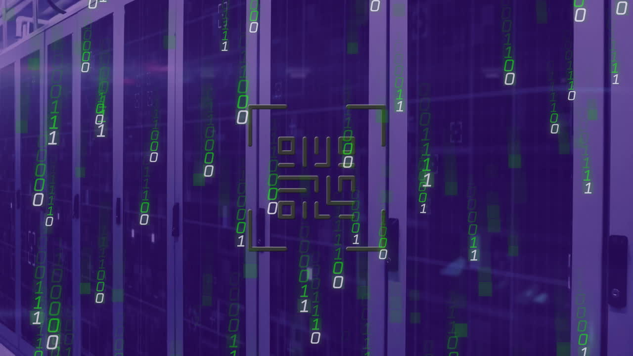 animación del código qr, codificación binaria y procesamiento de datos a través de servidores informáticos