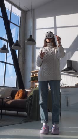 woman experiencing vr in modern home