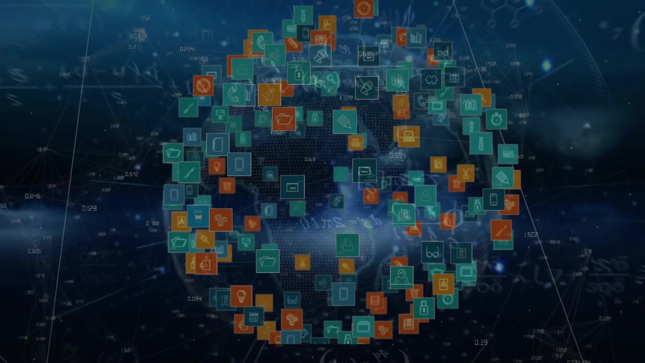 On startup colorful icon sphere hovering and rotating, dispersing to visualize network distribution