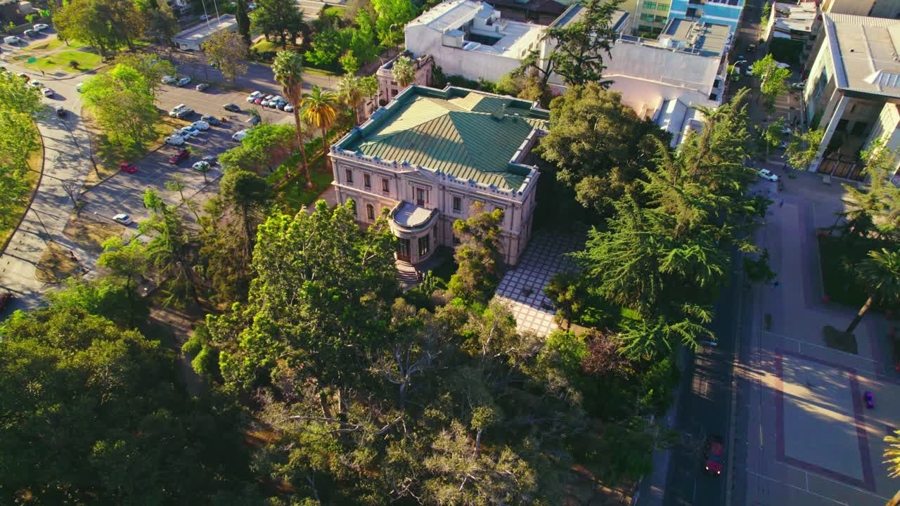 Bird's eye view of the Cousi&ntilde;o palace in the old deciocho neighborhood, santiago Chile, with sunset light