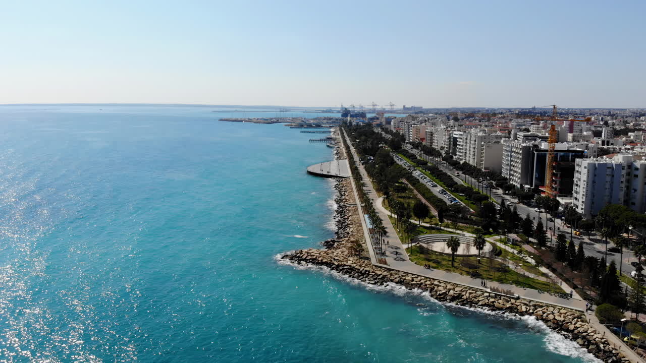 Aerial drone view of the Limassol Promenade on the coast of Cyprus