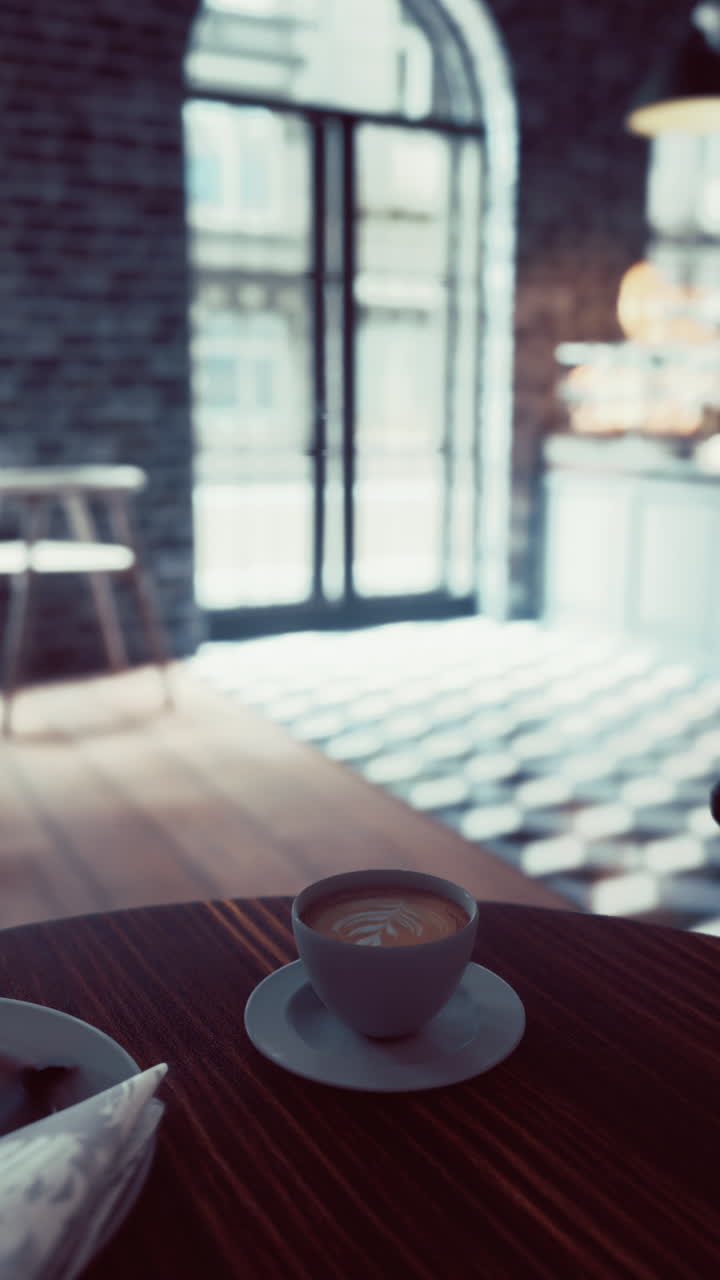 Primo piano di una tazza di caffè latte art su un tavolo di legno in un bar