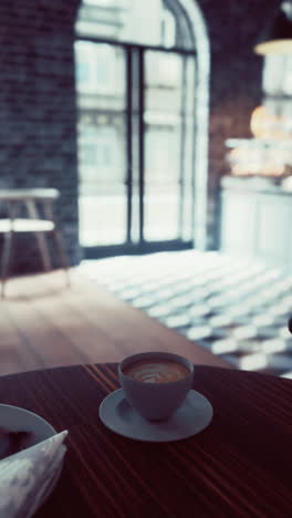 close-up of a latte art coffee cup on a wooden table in a cafe