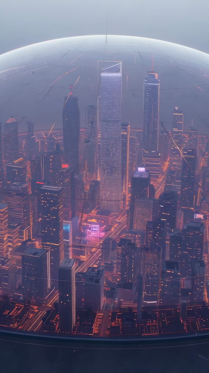 Vídeo vertical: la cámara se aleja mostrando la ciudad debajo de la cúpula, enfocando la torre iluminada, la cuadrícula y los drones