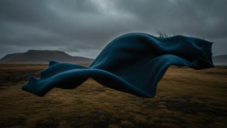 a blue fabric floating gracefully in a dramatic landscape under overcast skies, capturing the essence of movement and serenity amidst nature's elements