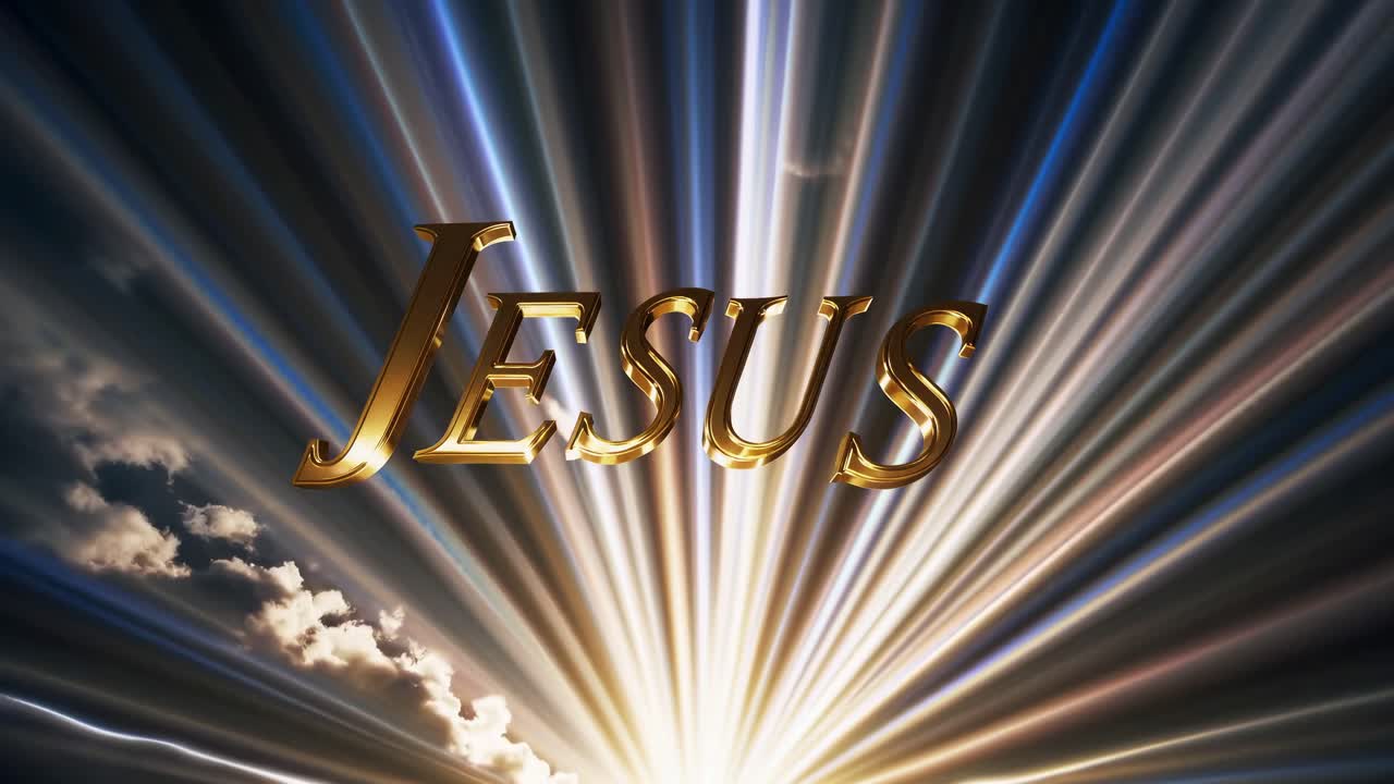 Golden 'Jesus' text with radiant light beams and clouds, creating a divine, uplifting atmosphere