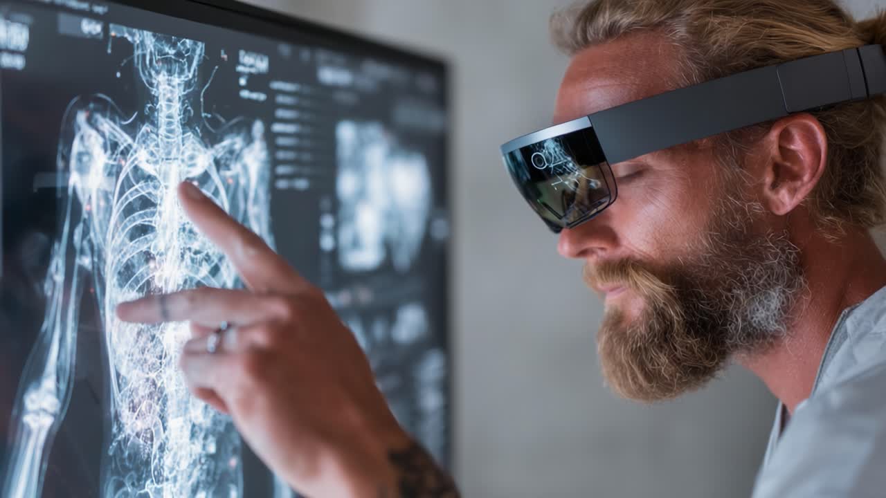 Innovative Medical Technology: A Professional Analyzing Advanced Radiological Imaging with Augmented Reality Glasses for Enhanced Diagnostics