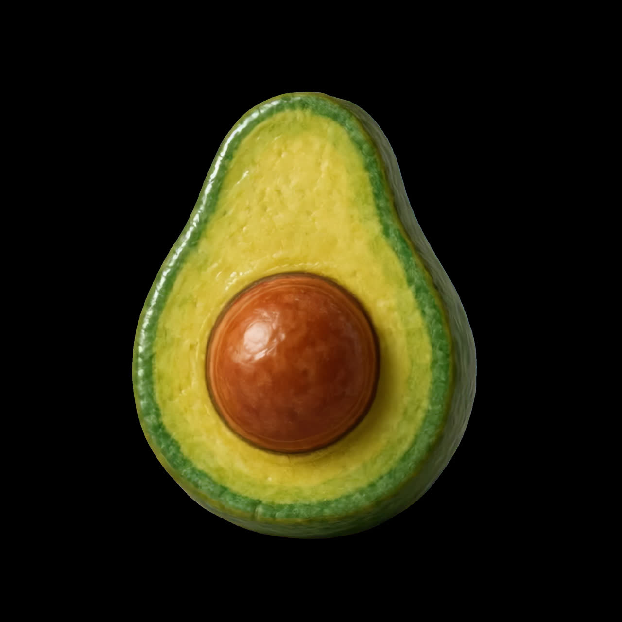 Fresh avocado half animation isolated asset, transparent 4K video, alpha channel, ProRes 4444