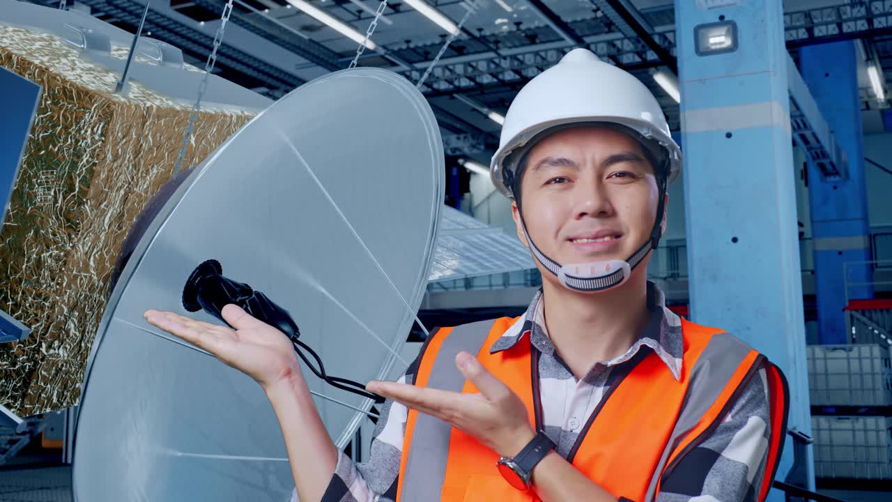 공장에서 위성 접시를 제시하는 엔지니어