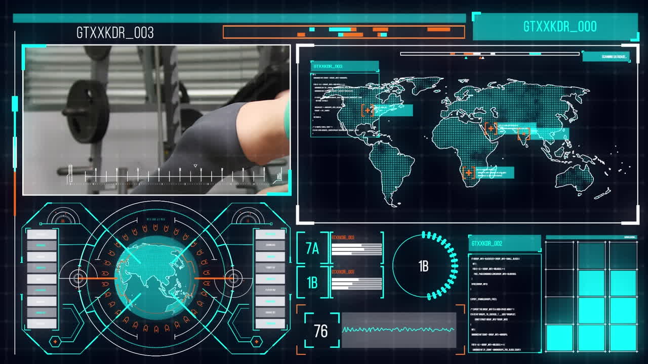 animación del procesamiento de datos deportivos diversas personas haciendo ejercicio sobre un fondo negro