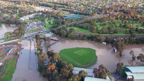 drone view over the sporting fields in bulleen park inundated with flood water on 14 october 2022