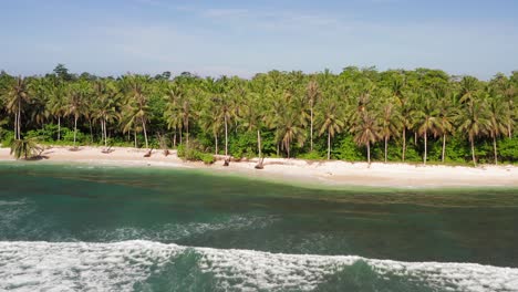 vuelo aéreo por encima de las olas rompientes en la playa de palmeras indonesia vacía