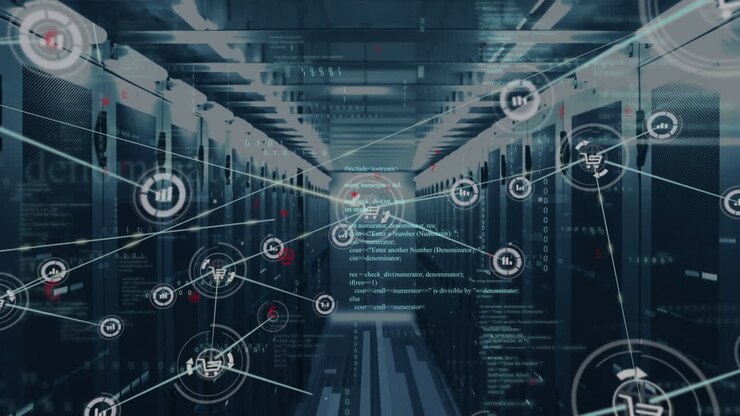 Animation of connected graph and cart icons with computer language over server racks