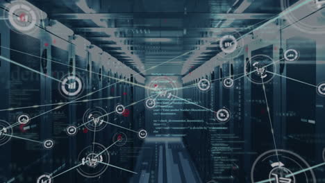 animazione di icone di grafici e carrelli connessi con linguaggio informatico su rack server