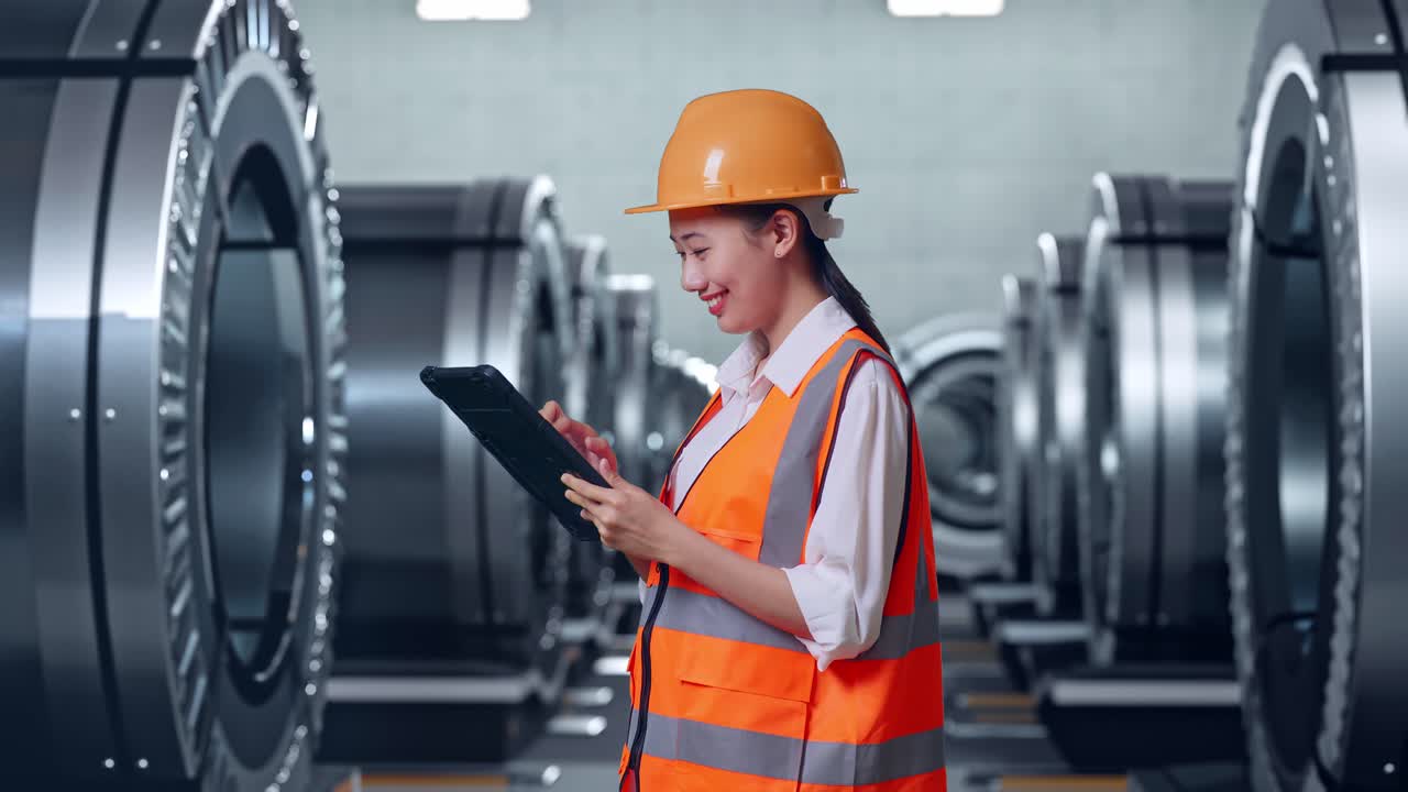 vista lateral de una ingeniera asiática con casco de seguridad trabajando en una tableta mientras está de pie en una fábrica de metales