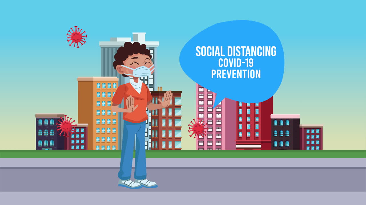 man with social distancing covid19 prevention message campaign on the city
