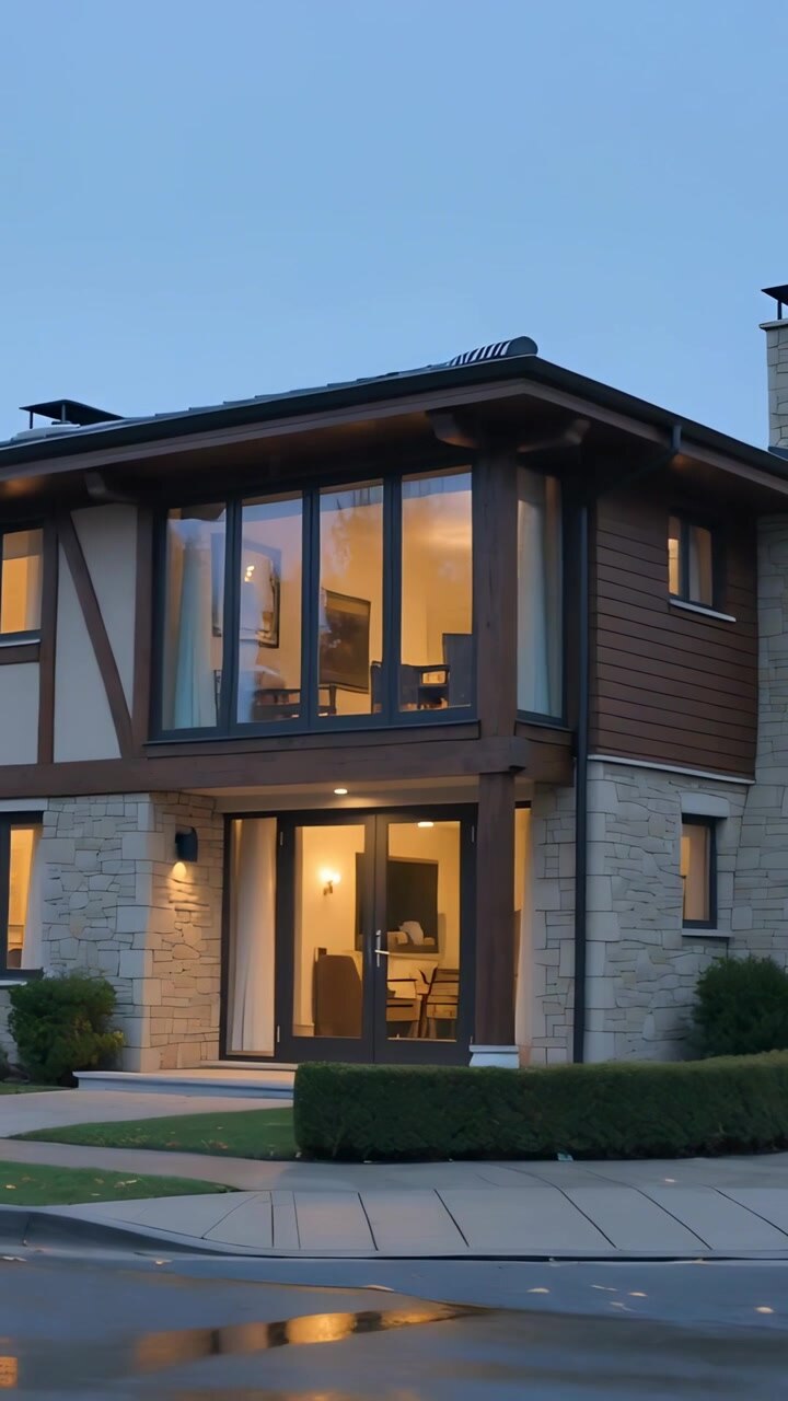 Video verticale: Telecamera che panoramica rivelando una casa a due piani al crepuscolo per mostrare finestre illuminate e il bagliore della strada.