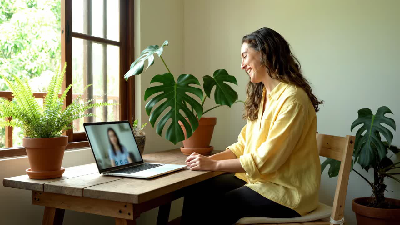 Woman on Video Call with Plants in Home Office