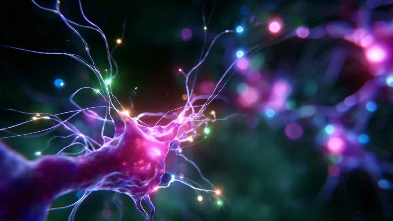 Vivid Imagery of Neurons in Action Showcasing Colorful Synaptic Connections and Electrical Impulses within a Complex Neural Network Environment