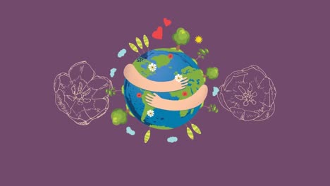 Animation-of-globe-with-hands-and-flowers-over-purple-background