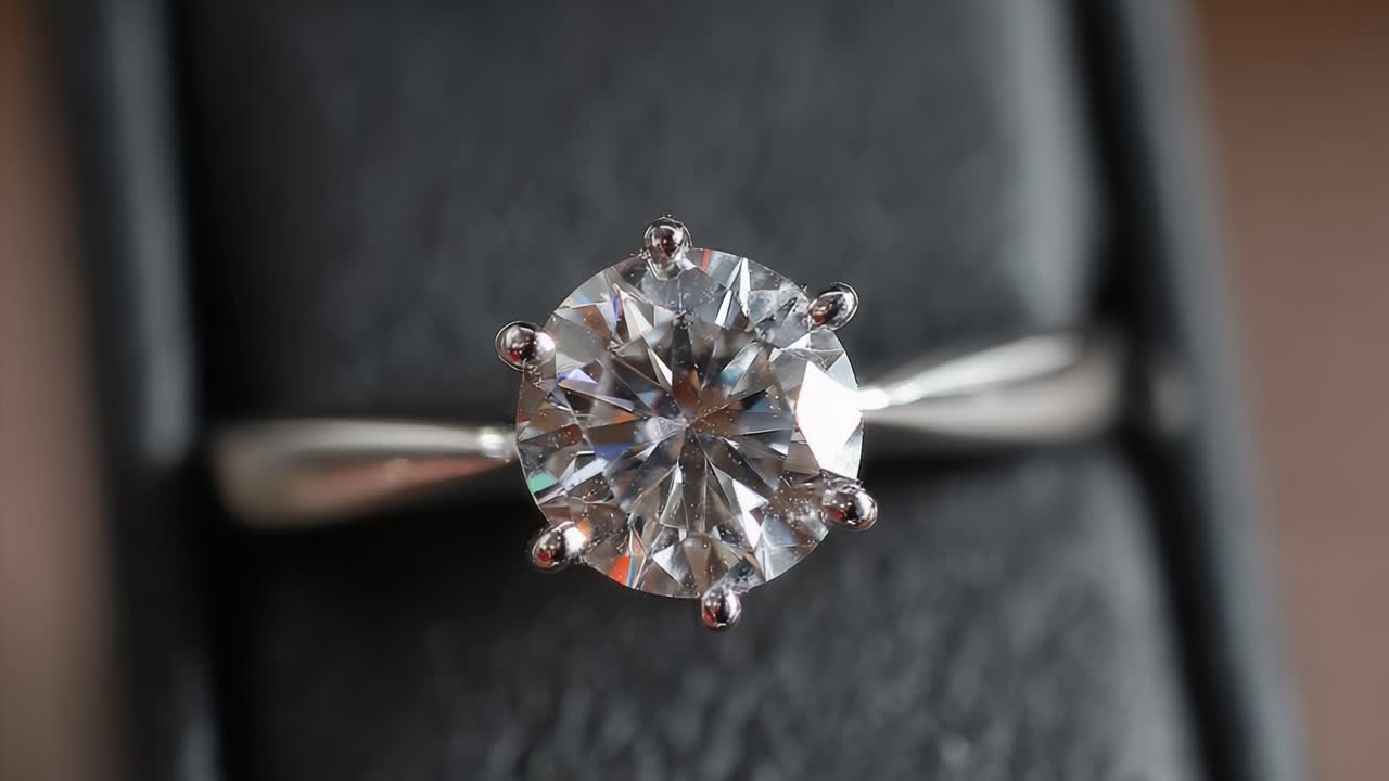 Glitrende diamantforlovelsesring på elegant utstilling: Et nærbilde av et tidløst symbol på kjærlighet og forpliktelse, fanget i luksuriøse detaljer.