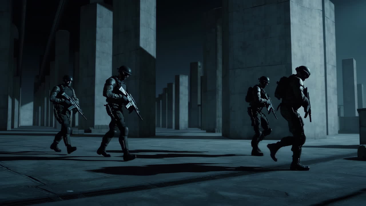 Military Personnel Patrol at Night