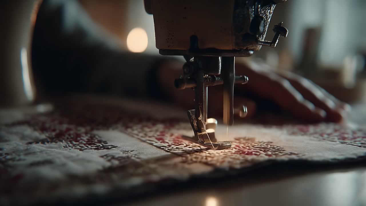 A Glimpse into the Art of Sewing: Capturing the Precision and Craftsmanship of a Vintage Sewing Machine at Work, with Delicate Fabric Underneath the Needle and Soft Lighting in the Background
