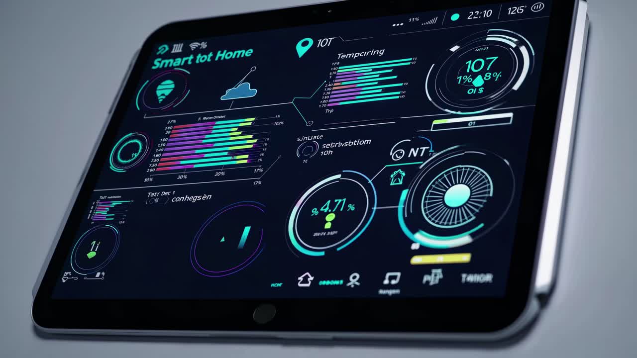 Dashboard futuristico per smart home su un tablet, angolato dall'alto