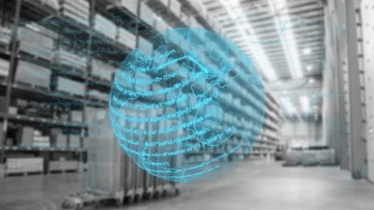 Animation of globe and data processing over boxes in warehouse