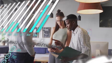 animation of financial data processing over diverse business people in office