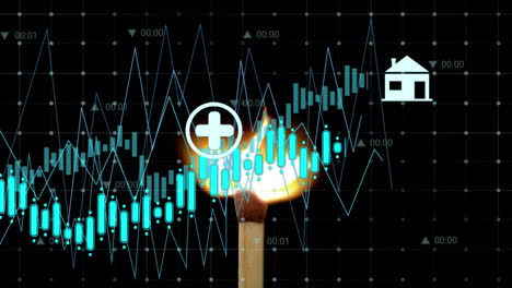 animación del procesamiento de datos financieros y estadísticas sobre el partido en las llamas.